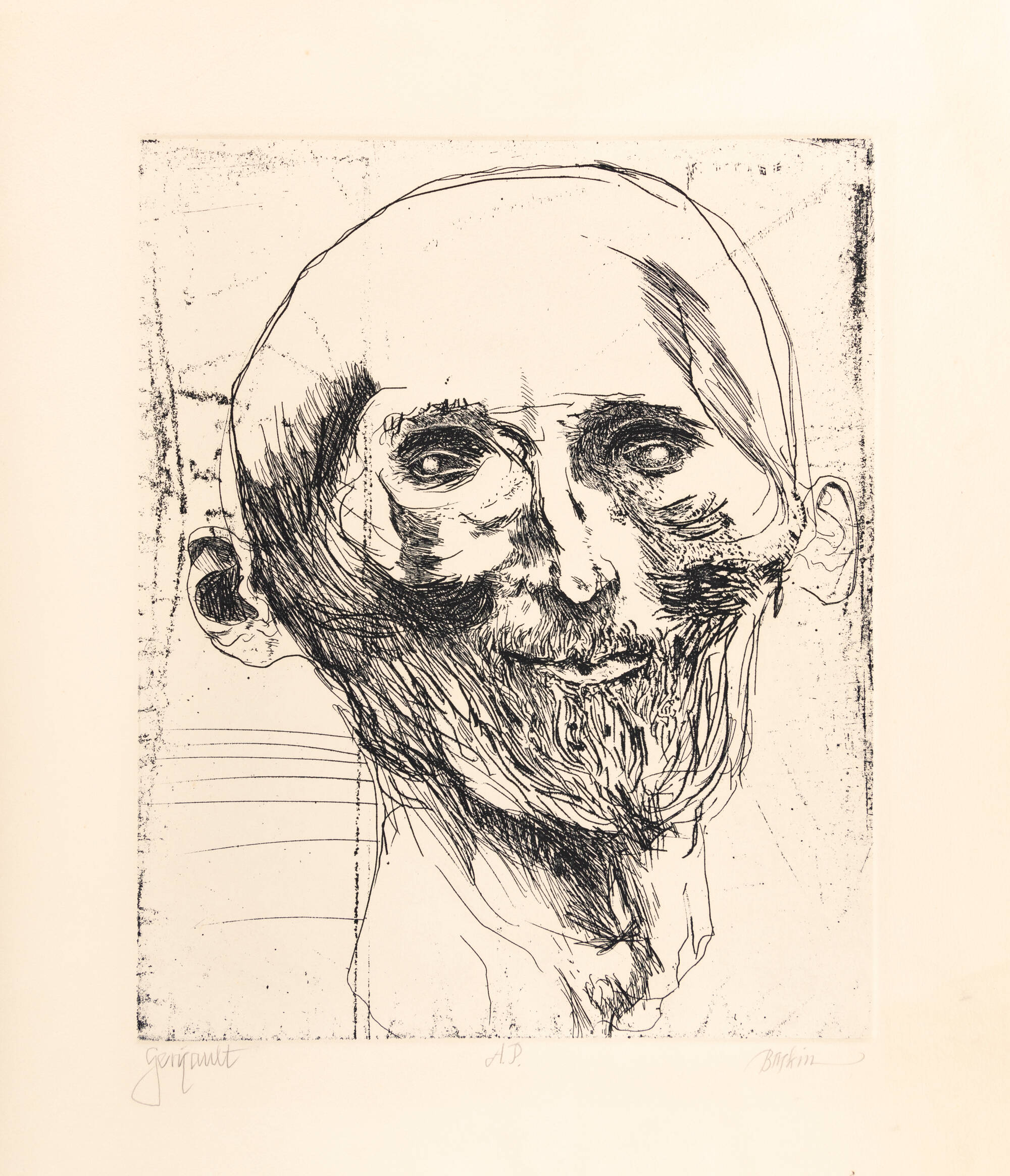 Sketch-like portrait of the face of a man with a beard.